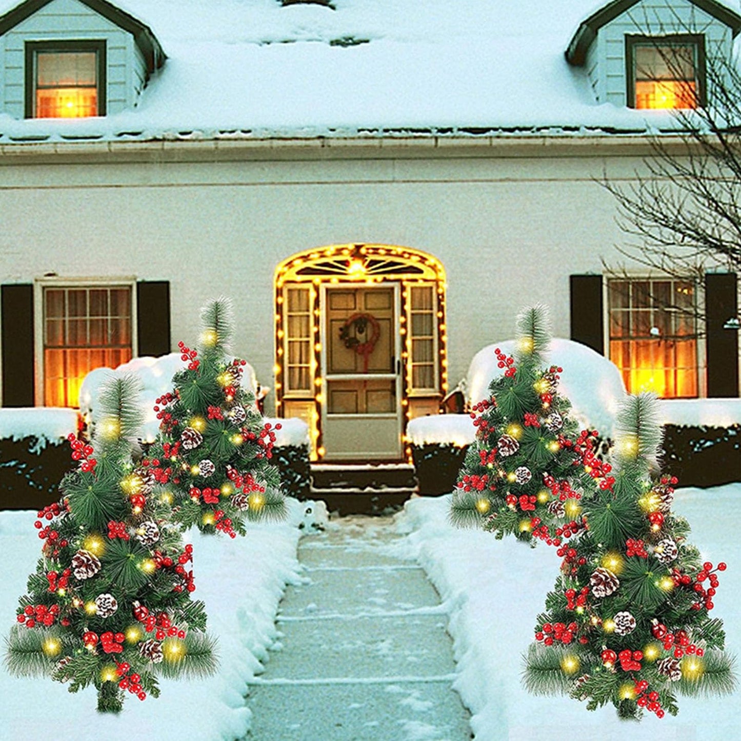 Prelit Artificial Christmas Trees Lights 17.2 Inch Solar Christmas Tree Pathway Lights with Stake Red Berries Pinecones Waterproof Xmas Urn Filler Solar Stake Lights Garden Decor(1Pcs/Solar Powered)