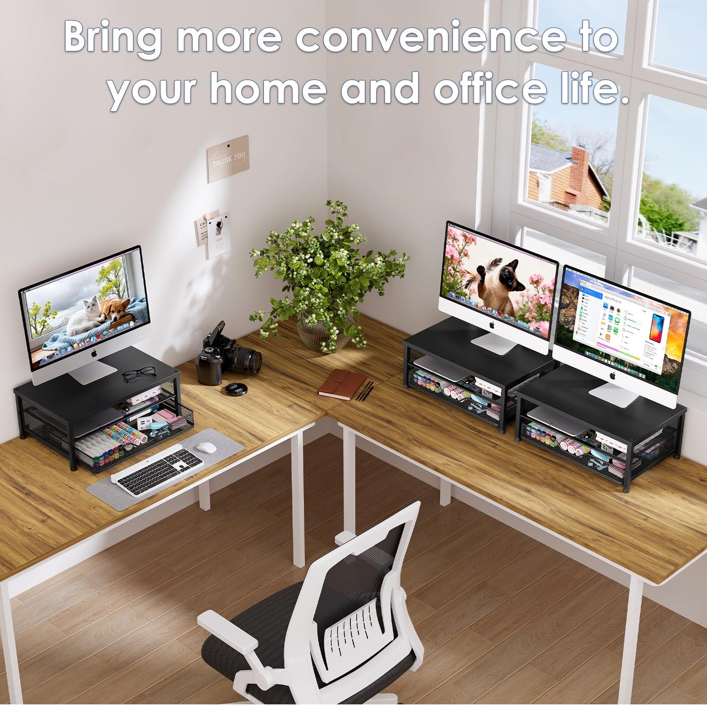 OPNICE Computer Monitor Stand Riser, Desk Organizer with Drawer, Printer & Laptop Stand, Office Desk Accessories & Workspace Desktop Organizers Storage for Office Supplies(Black)
