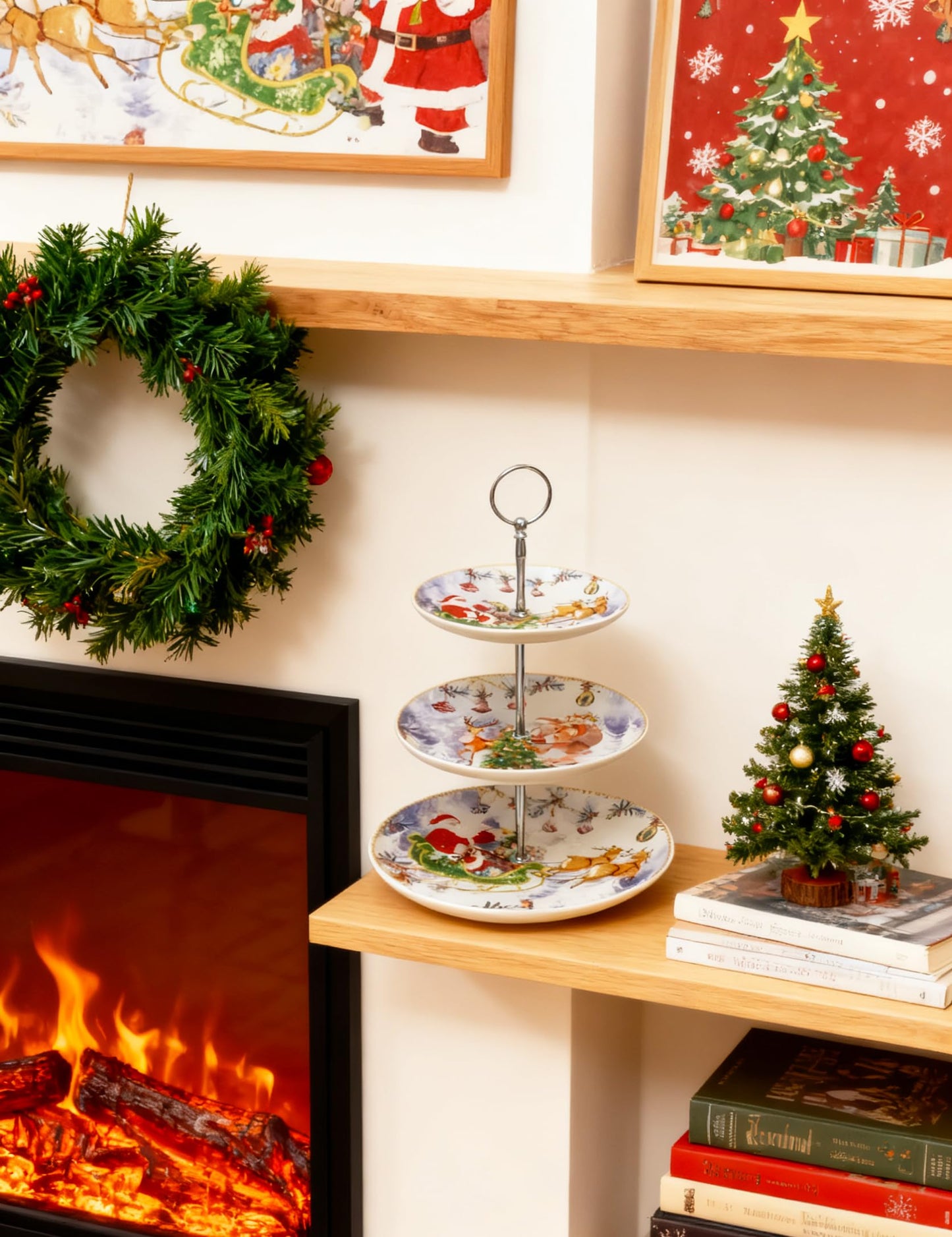 3-Tier Round Porcelain XMAS Cake Fruit Stand Plates with Gift Box, Cupcakes Serving Display Set, Christmas White Pastry Tray Towers Platter for Desserts Appetizer Candy Buffet for Wedding & Home Party