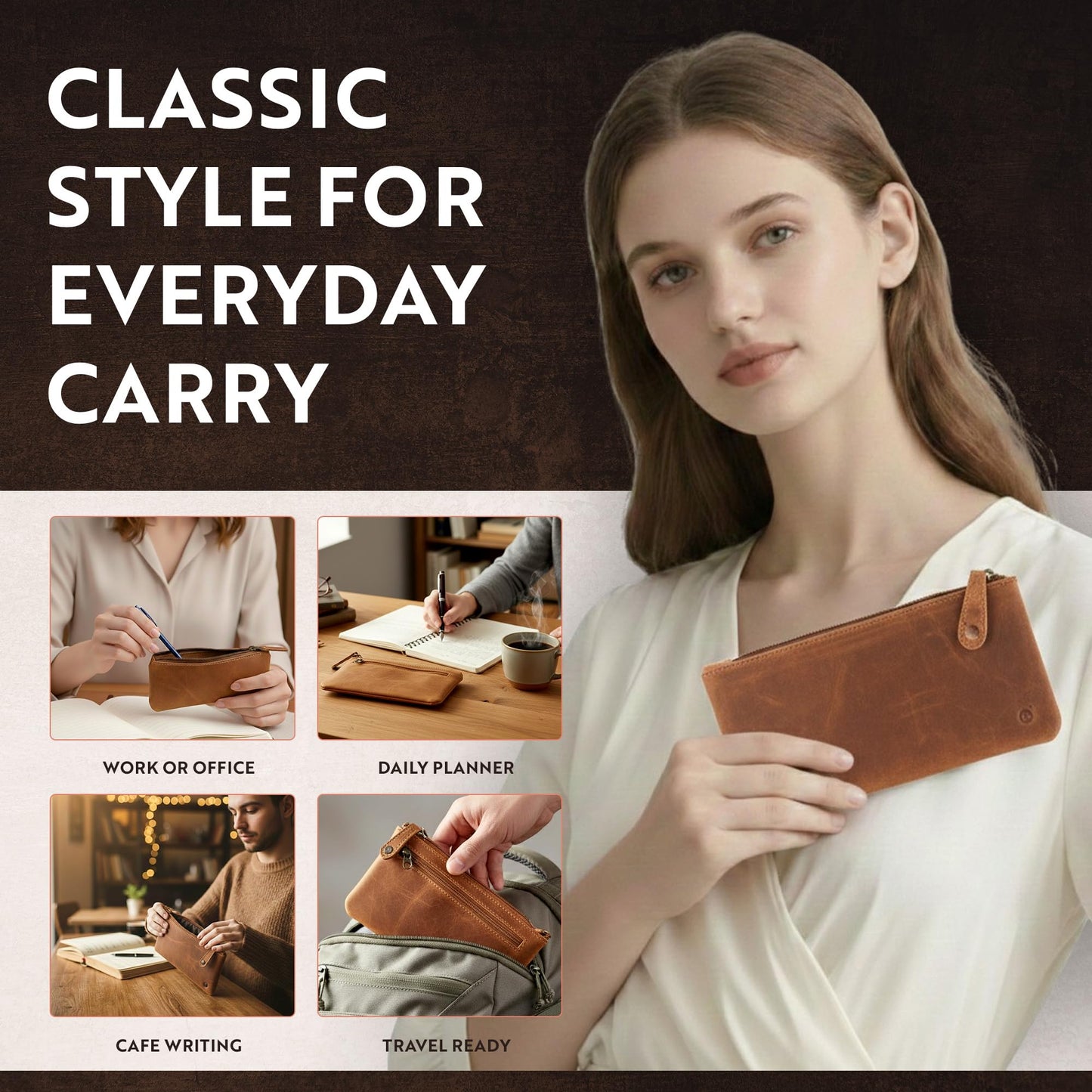 moonster Leather Pencil Case Pouch, Handcrafted 8" x 4" Leather Pen Case with Zipper - Pencil Cases for Adults with Side Pocket - Pencil Pouch Zippered Pen Bag - Light Brown