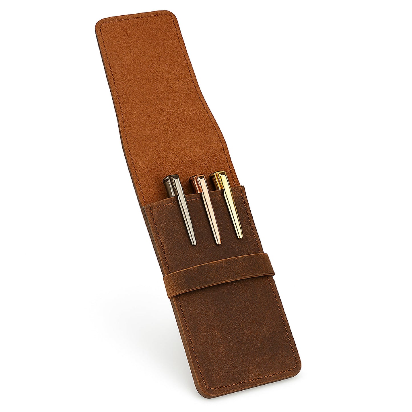 TheAntiq Leather Pen Holder, Genuine 3 Pen Case with Tuck-in Flap, Brown Leather Case for Fountain, Ballpoint & Rollerball Pens, Travel Organizer, Luxury Executive Pen Storage Sleeve (3 Pen, Brown)