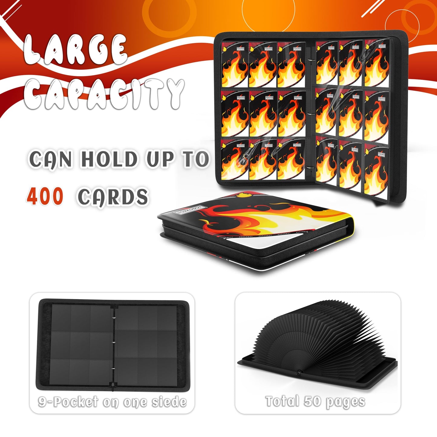 Trading Card Binder 9 Pocket, Binders for Cards 900 Pockets Holder Book with 50 Removable Sleeves, 3 Ring Zipper Card Album Bunder for TCG MTG Sports Cards, Standard Size Collectible