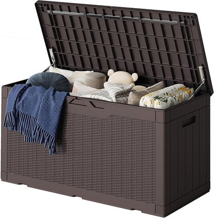 Greesum 100 Gallon Resin Deck Box Lockable Large Outdoor Storage Boxes for Garden Tools, Patio Furniture Cushions, Pool Supplies, Dark Brown