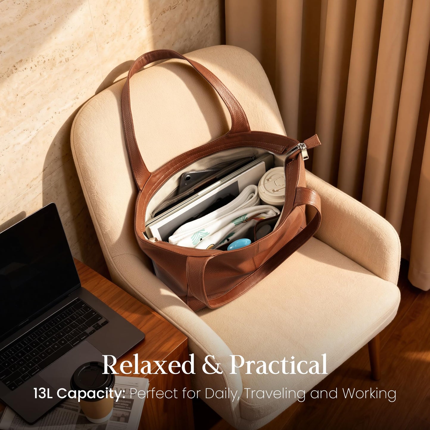 befen Soft Real Leather Tote Bag for Women Work, Women's Slouchy Casual Zipper Tote Work Bag Totes Travel Purse with Cup Holder Cognac Brown