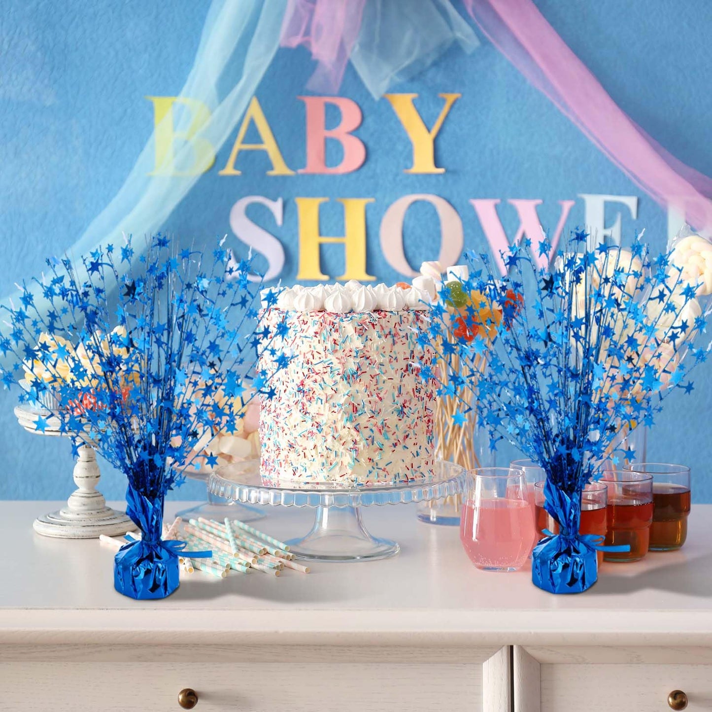 Crowye 3 Pcs Table Centerpiece for Party Blue Star Table Decoration Metallic Foil Spray Centerpiece for Birthday 4th of July 250th Anniversary Party Decorations