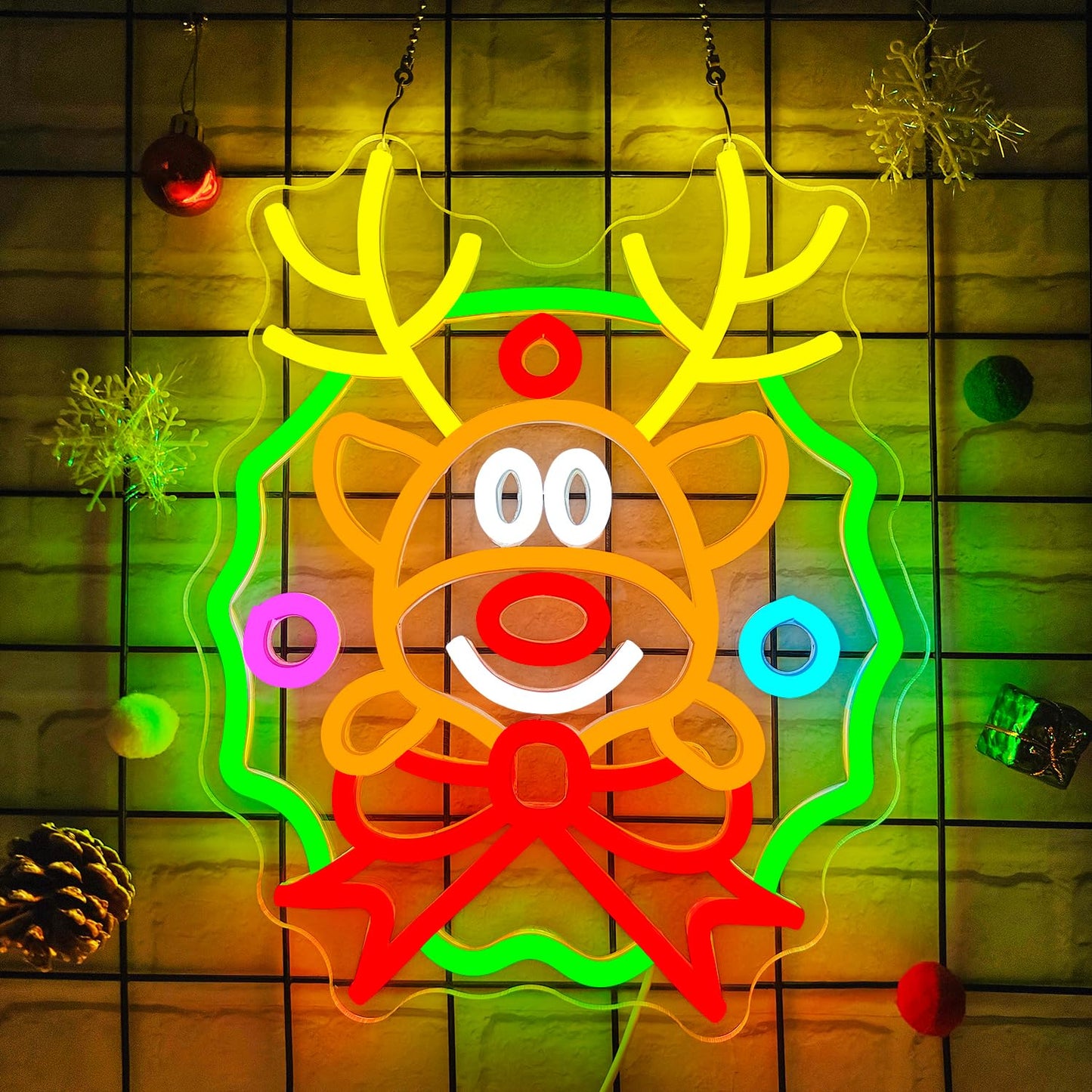 Christmas Neon Sign Wreath Elk Neon Sign for Wall Decor Deer Led Neon Christmas Lights Dimmable Reindeer Light Up Signs for Window Wall Art for Bedroom Festival Xmas Party Home Decoration Gift