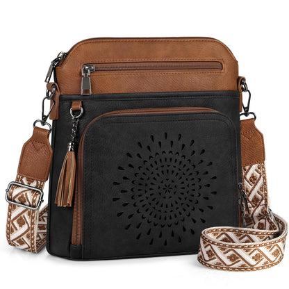 RAINSMORE Crossbody Bags for Women Leather Purse with Built in Wallet & Wide Straps Travel Cross Body Shoulder Handbags, black&brown