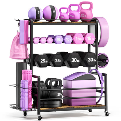 Dumbbell Rack with Wheels, 3-Tier Home Gym Storage Rack, Workout Equipment Organizer with Lockable Casters, Hooks, Side Basket and Wood Shelves
