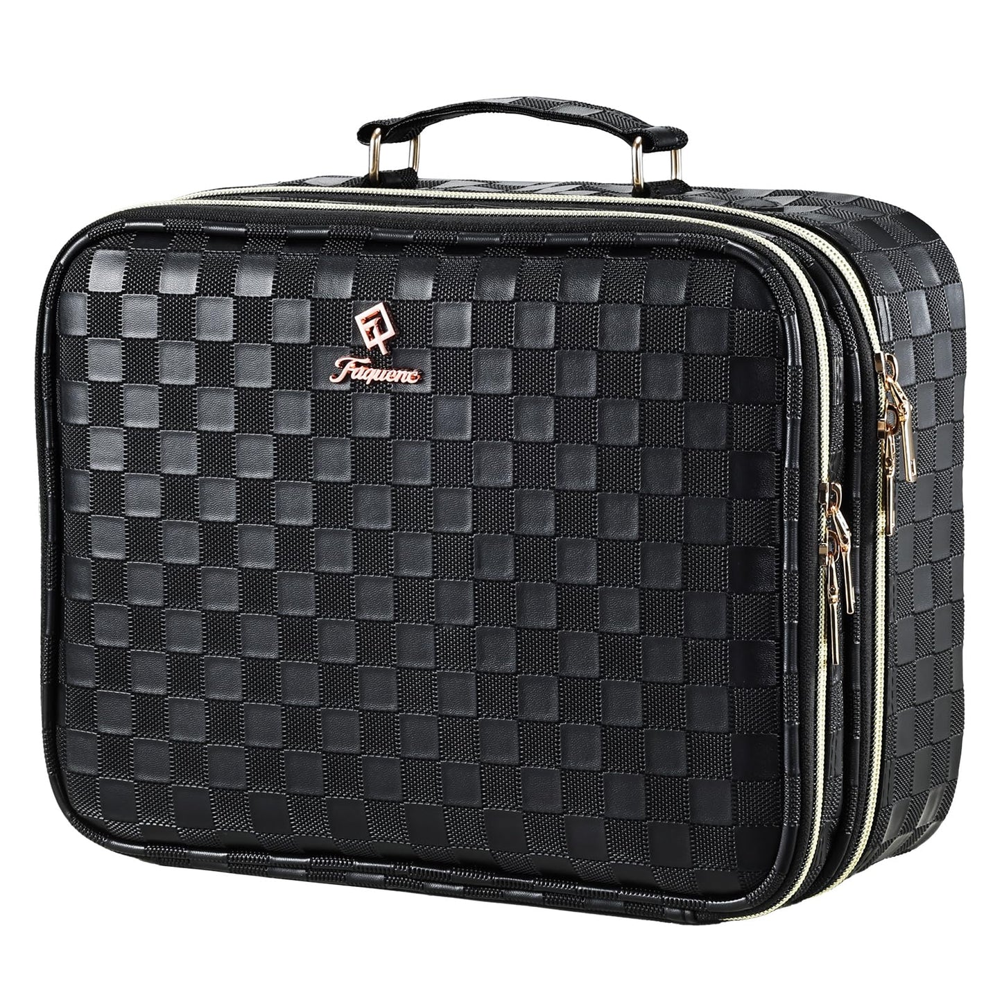 Makeup Bag with LED Lighted Mirror 12.2 IN Cosmetic Train Case Double Layer Makeup Case Adjustable Brightness in 3 Colors Cosmetic Organizer Artist Storage with Brush Holder Vanity Black Checkerboard