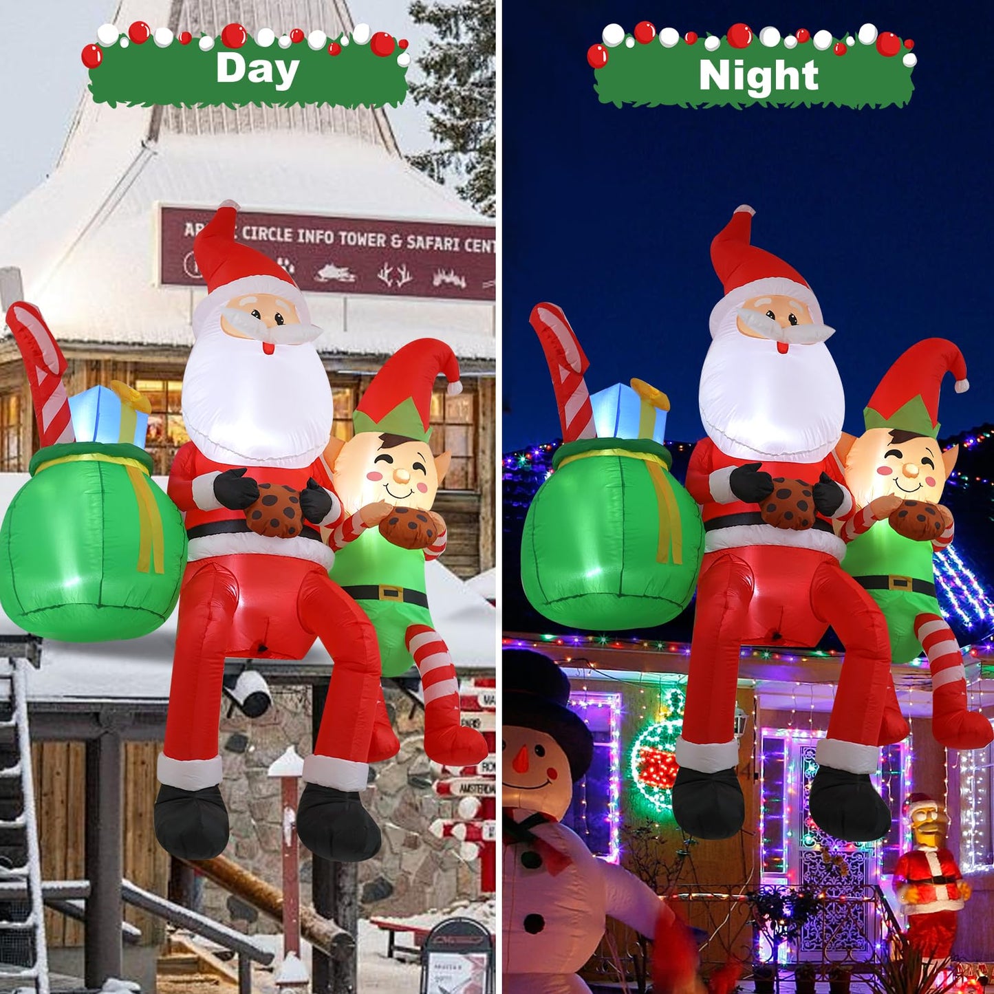 InfleasJoiy 8FT Santa Claus Sitting on the Roof Christmas Inflatable Decoration with LED Lights, Suitable for Holiday Celebration Decorations in Courtyards, Lawns, Terraces, etc.
