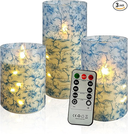Flickering Flameless Candles Blue Floral Print, Embedded Star String Lights, Battery Operated Acrylic LED Pillar Candles with 11-Key Remote and Timer for Home Decoration, 3 Pack