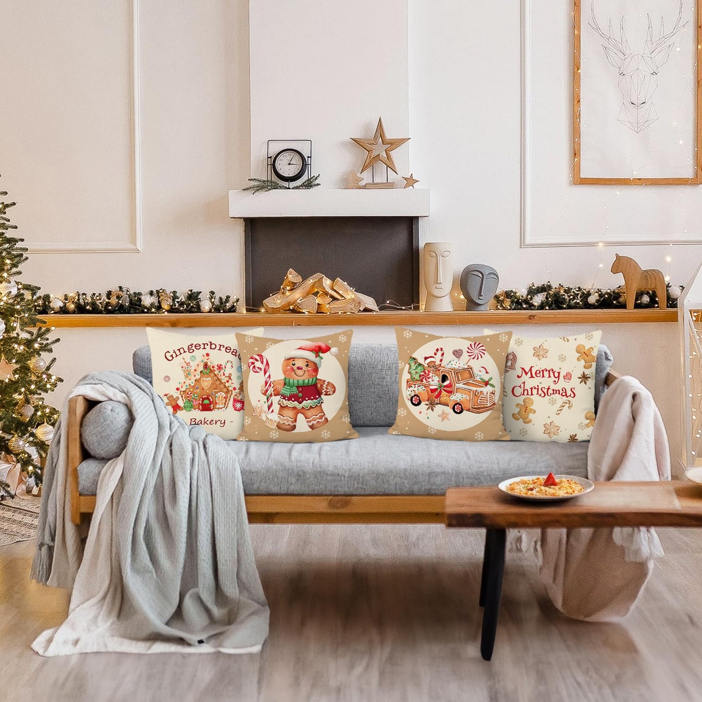 Bonhause Christmas Gingerbread Throw Pillow Covers 18x18 Inch Man House Truck Xmas Bakery Decorative Pillows for Couch Sofa Home Winter Holiday Decor Set of 4