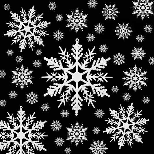 110 Pieces Tmflexe Plastic White Snowflakes Ornaments for Christmas Decoration 6 Size DIY Art Crafts Christmas Decoration Ornaments Assorted Sizes