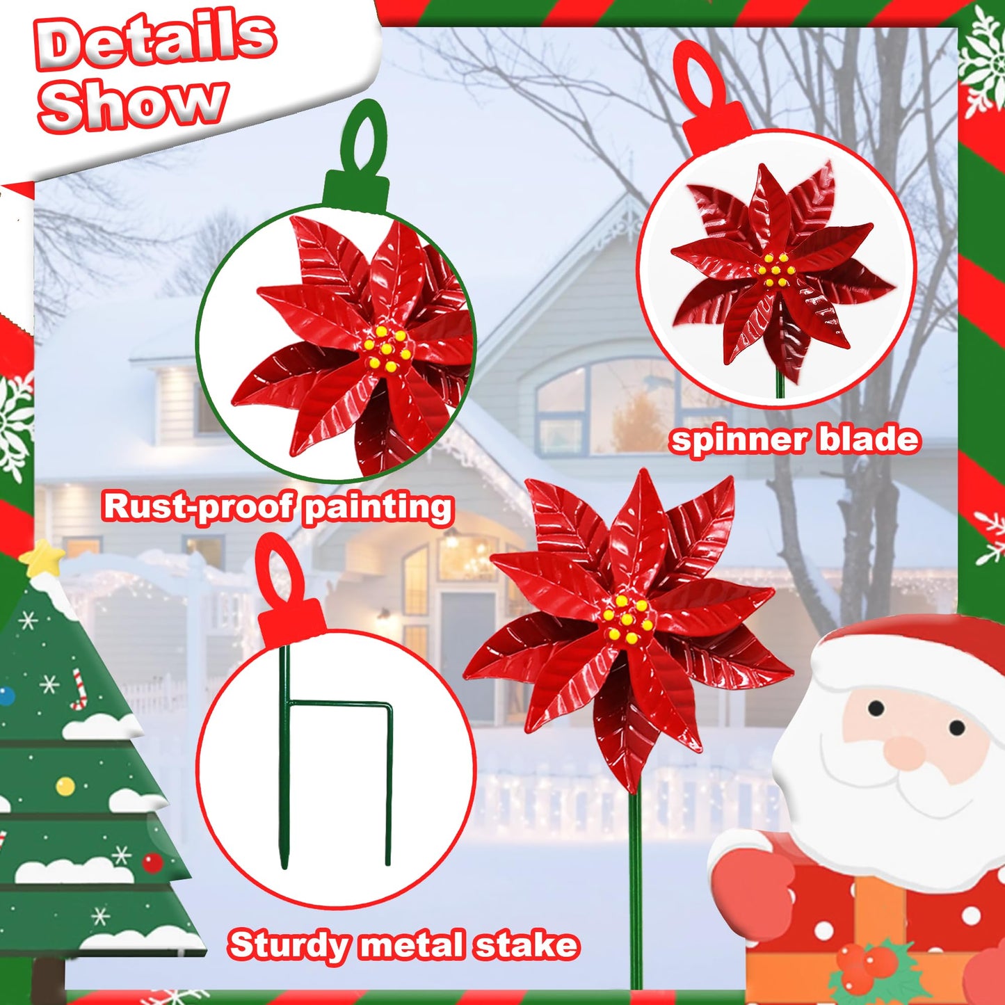 Metal Flower Wind Spinner Garden Lawn Stakes Yard Art, 27 Inch Poinsettia Windmill Iron Handicraft Lawn Decorations, 5 Pieces Christmas Star Stake, Metal Yard Art Outdoor Mother's Day Decoration Gift