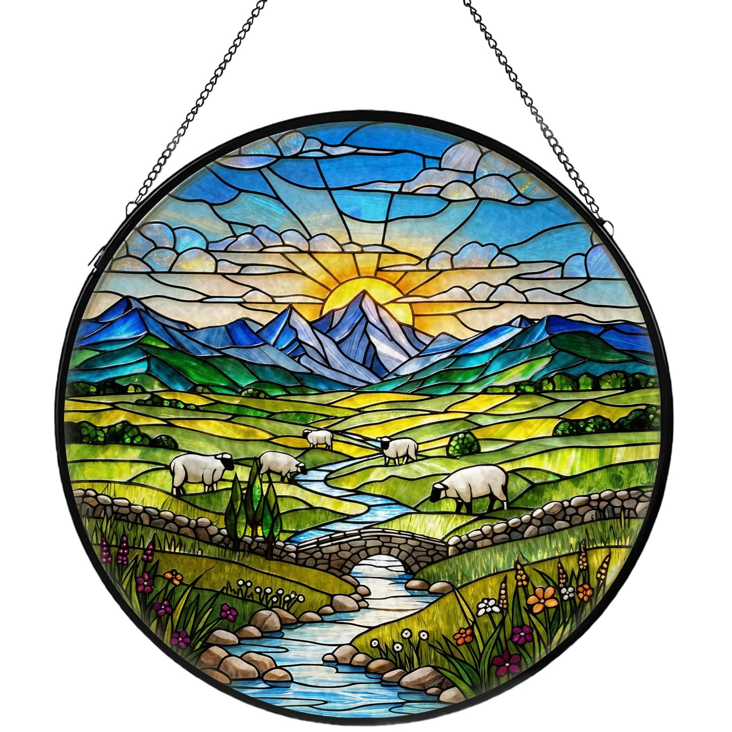 Green Irish Hills Stained Glass Window Hanging, Suncatcher for Window Hanging, Sun Catchers Indoor Windows Wall Art for Nature Lovers, Suncatcher for Home Garden Office 7.87 inches