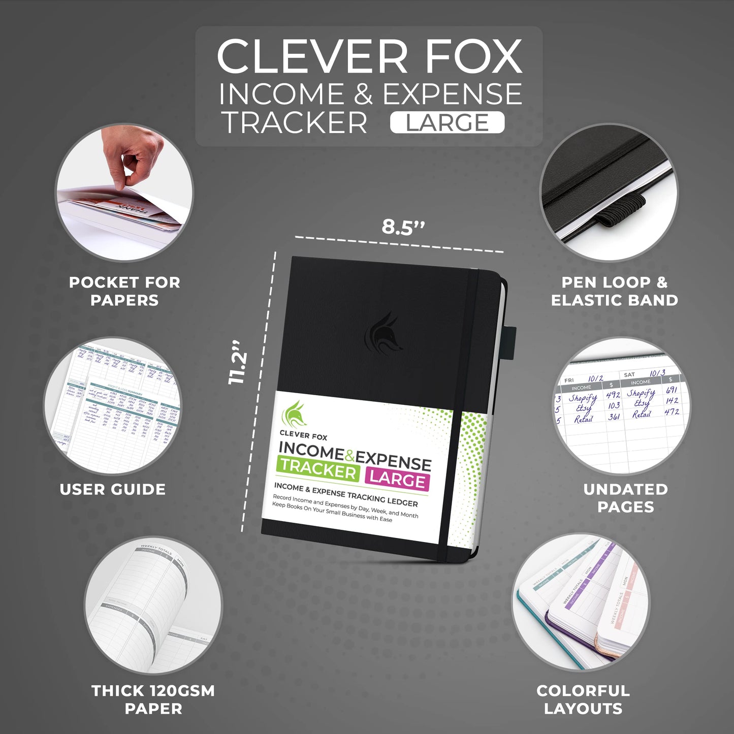 Clever Fox Income & Expense Tracker Large – Accounting & Bookkeeping Ledger Book for Small Business – 2-Year Record Notebook, A4 (Black)