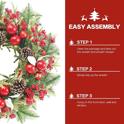 Super Holiday Artificial Christmas Wreath, Front Door Wreaths Decorations for Home, Party, Holiday, Thanksgiving, Xmas Decor - with Wreath Hanger, Green/Red