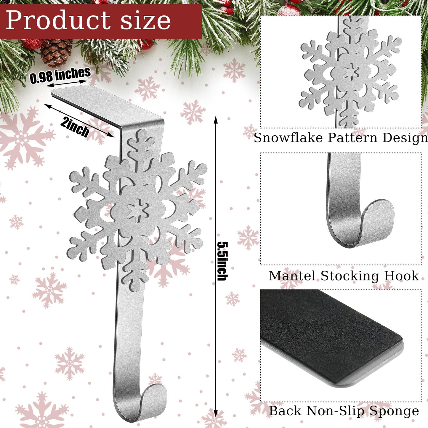 Lounsweer 12 Pieces Snowflake Christmas Stocking Holders Silver Metal Mantel Stockings Hangers Stand Christmas Ornament Hooks Metal Fireplace Clips for Xmas
