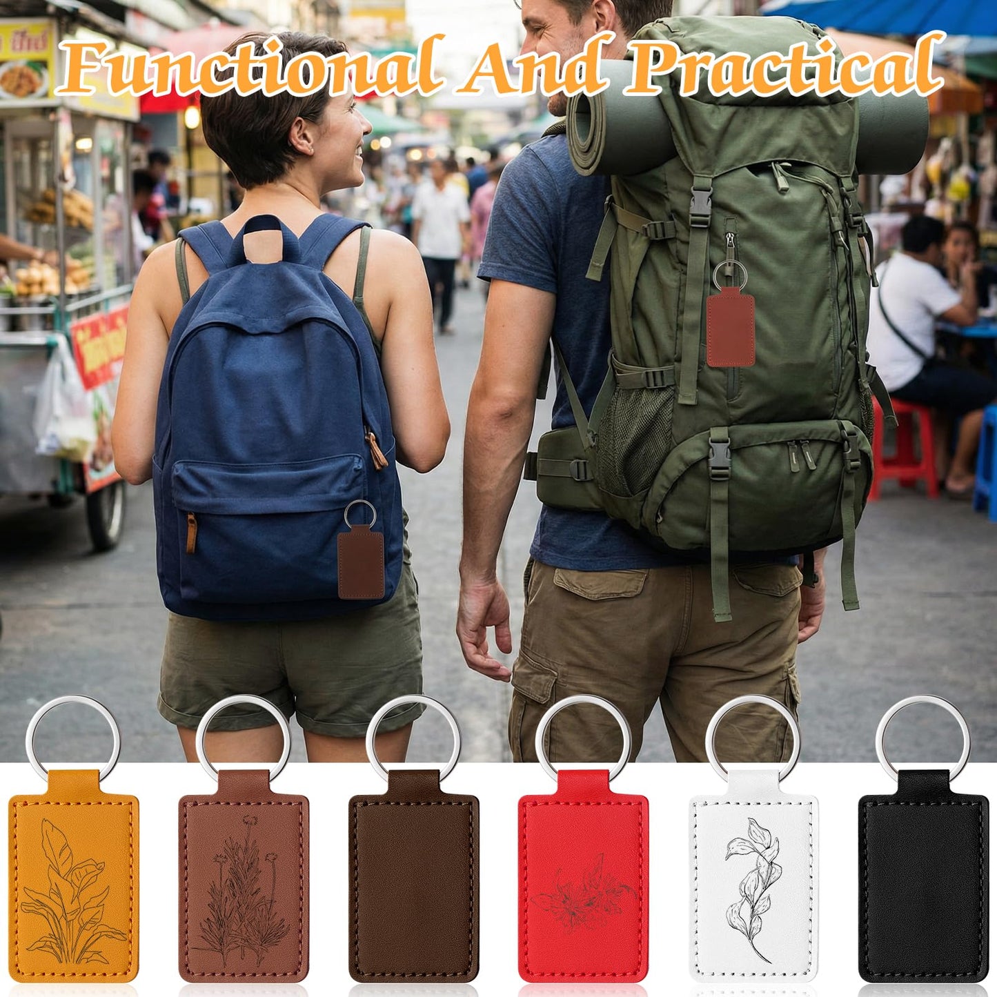 60 Pcs Rectangular Leather Keychain Blanks Kit PU Leather Laser Engraving Blanks with Key Rings for DIY Crafting, 6 Colors