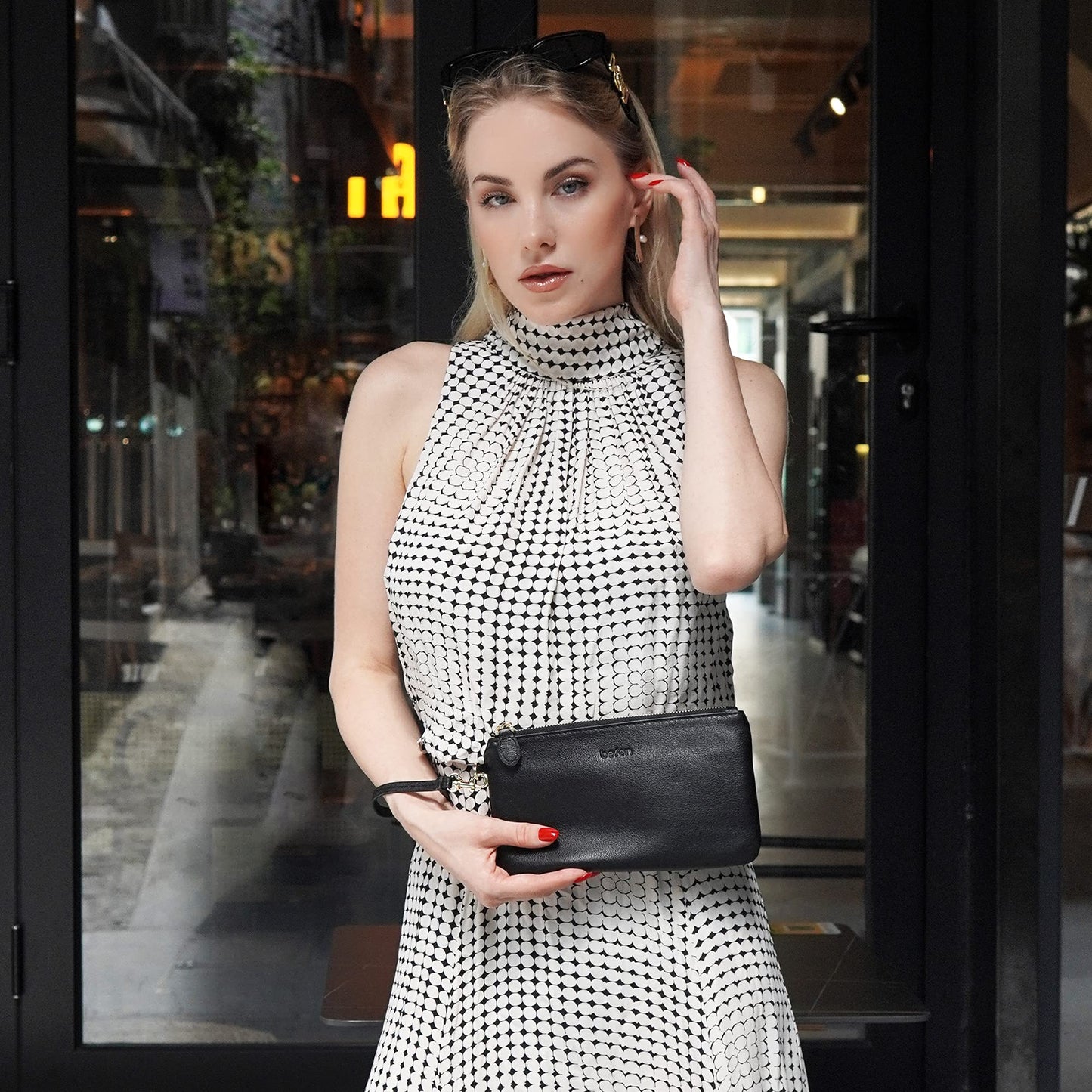 befen Black Genuine Leather Wristlet Clutch RFID Blocking Bag Cell Phone Wallet Purse Smartphone Wristlet Wallet Purses and Handbags for Women