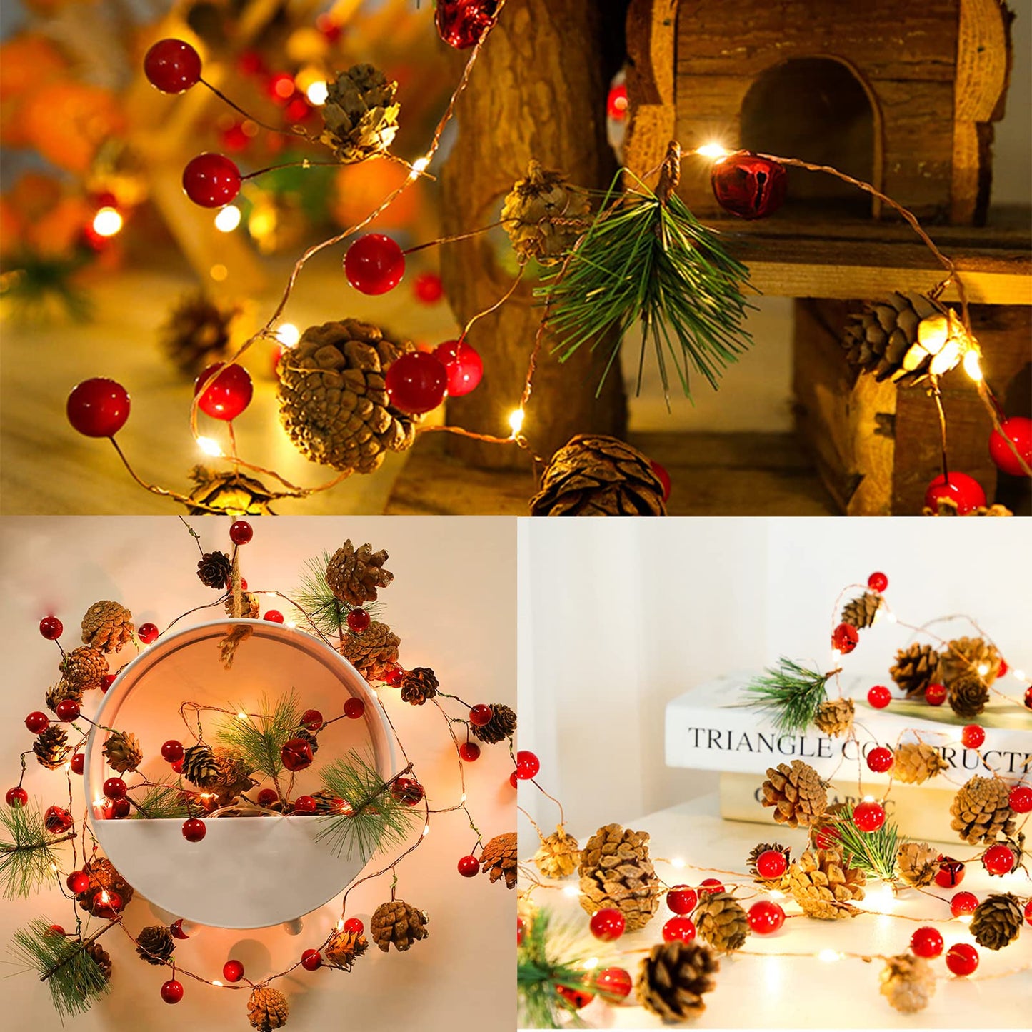 Christmas 10 Ft 30 LED Garland with Lights, Pine Cone Decorations for Home Interior, Fireplace, Stair