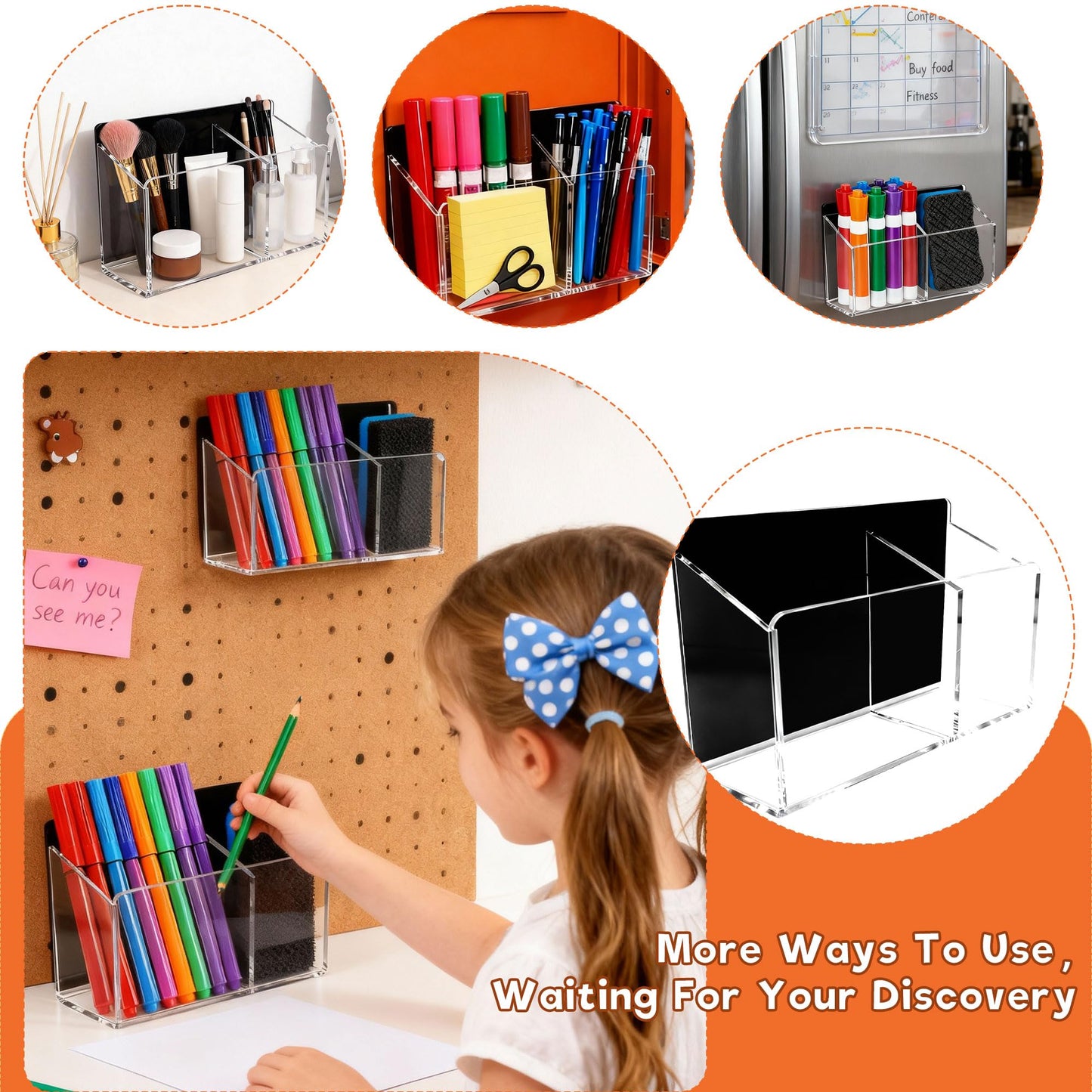 HeCuPMMA Magnetic Dry Erase Marker Holder - Non-Slip Acrylic Pen Organizer with Powerful Magnets for Whiteboard, Refrigerator, Office Desk, Classroom Supplies & Home Organization-Clear