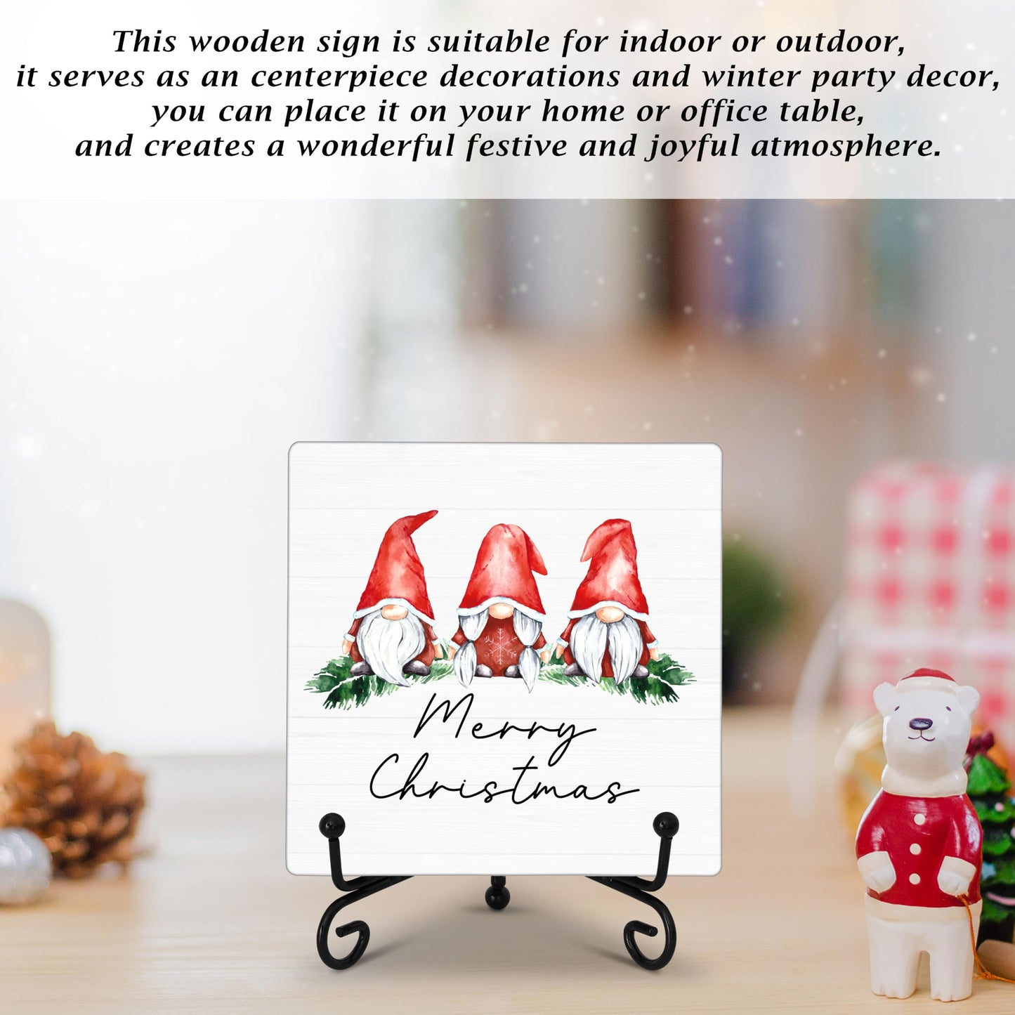 Cazhes Christmas Gnomes Wooden Decor, Merry Christmas Sign Decorations for Home Bedroom, 5x5 Inches Xmas Gnomes Decor with Iron Stand, Birthday New Year Gifts-G12