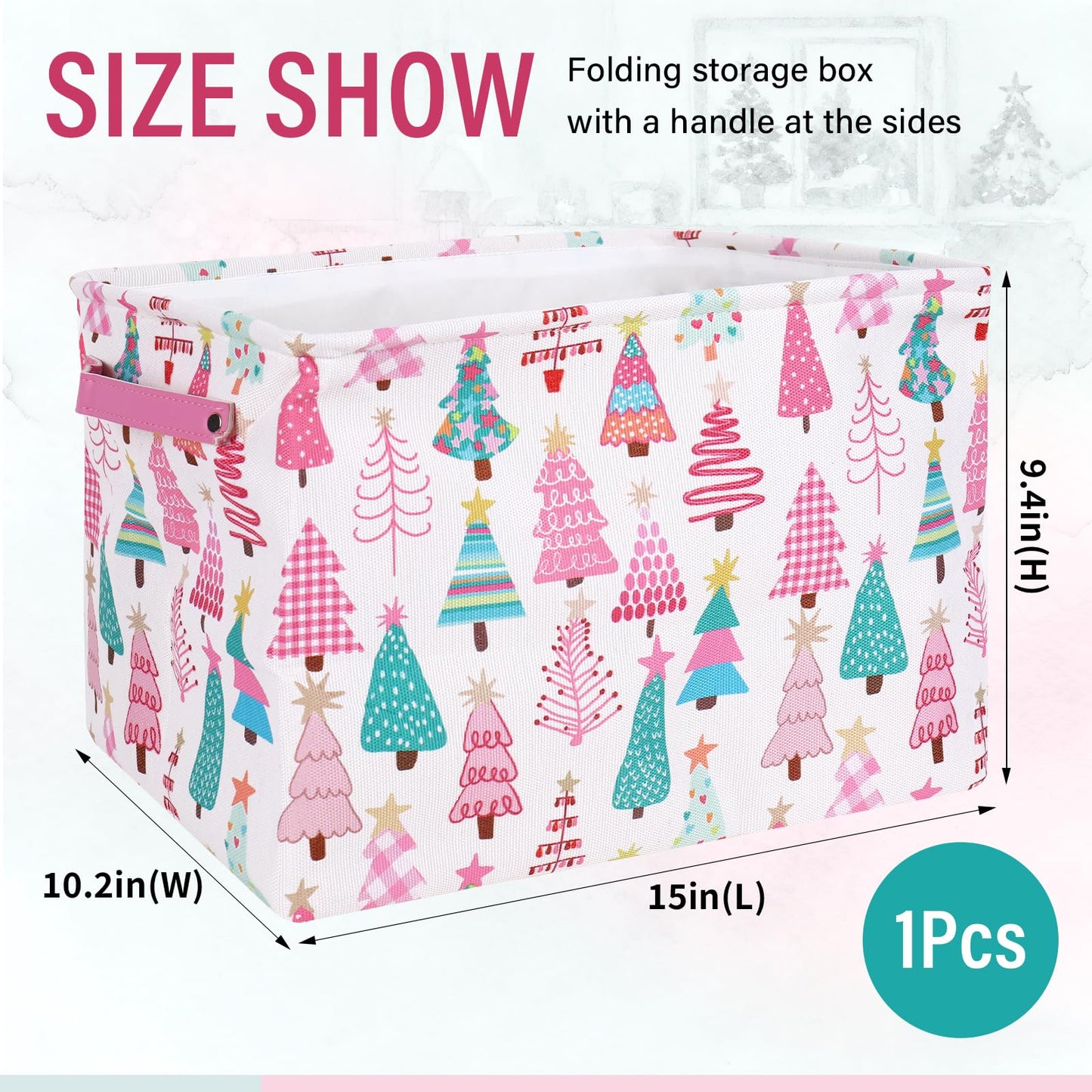 FYSUIMU 2 Pcs Christmas Storage Basket Pink Green Xmas Tree Storage Bins with Handles Rectangle Foldable Container Box for Home Office Nursery Laundry Shelf Closet Toy