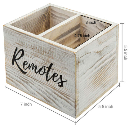 MyGift Remote Control Holder,TV Remote Holder,Wood Remote Caddy for Table,2 Large Compartment,Shabby Whitewashed Solid Wood with Black Cursive Remotes Label