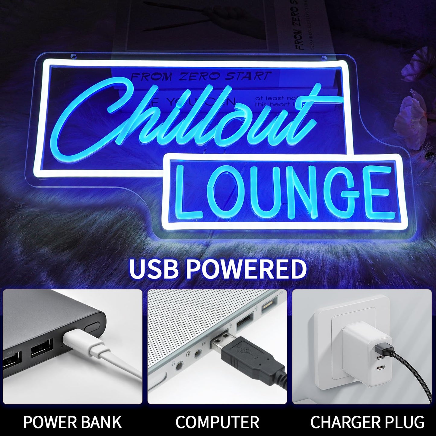 Virlusy Chillout Lounge Neon Sign for Wall Decor Dimmable Chill Led Light Signs Blue Letters Neon Light for Bar Bedroom Cafe Game Room Man Cave Club Decoration