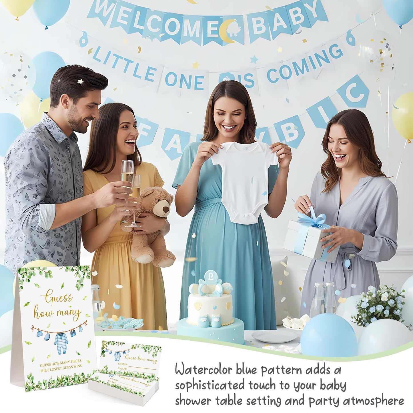 Lerheedi Blue Clothes Guess How Many Baby Shower Game Pack of 1 Tabletop Sign with Stand and 50 How Many Cards, Eucalyptus Gender Reveal Party Game Decorations
