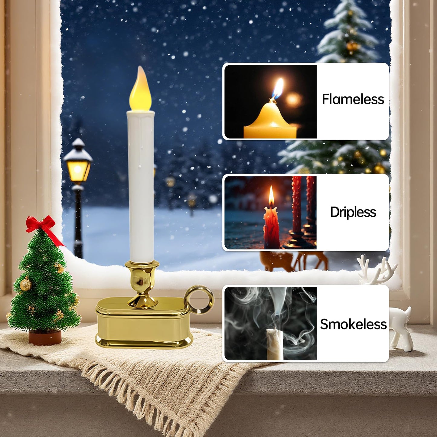 CHYSUPER 4Pack Dusk to Dawn Window Candles Battery Operated, Flameless LED Candles with Light Sensor & 3 Modes, Realistic Flickering Flame for Christmas Holiday Decor