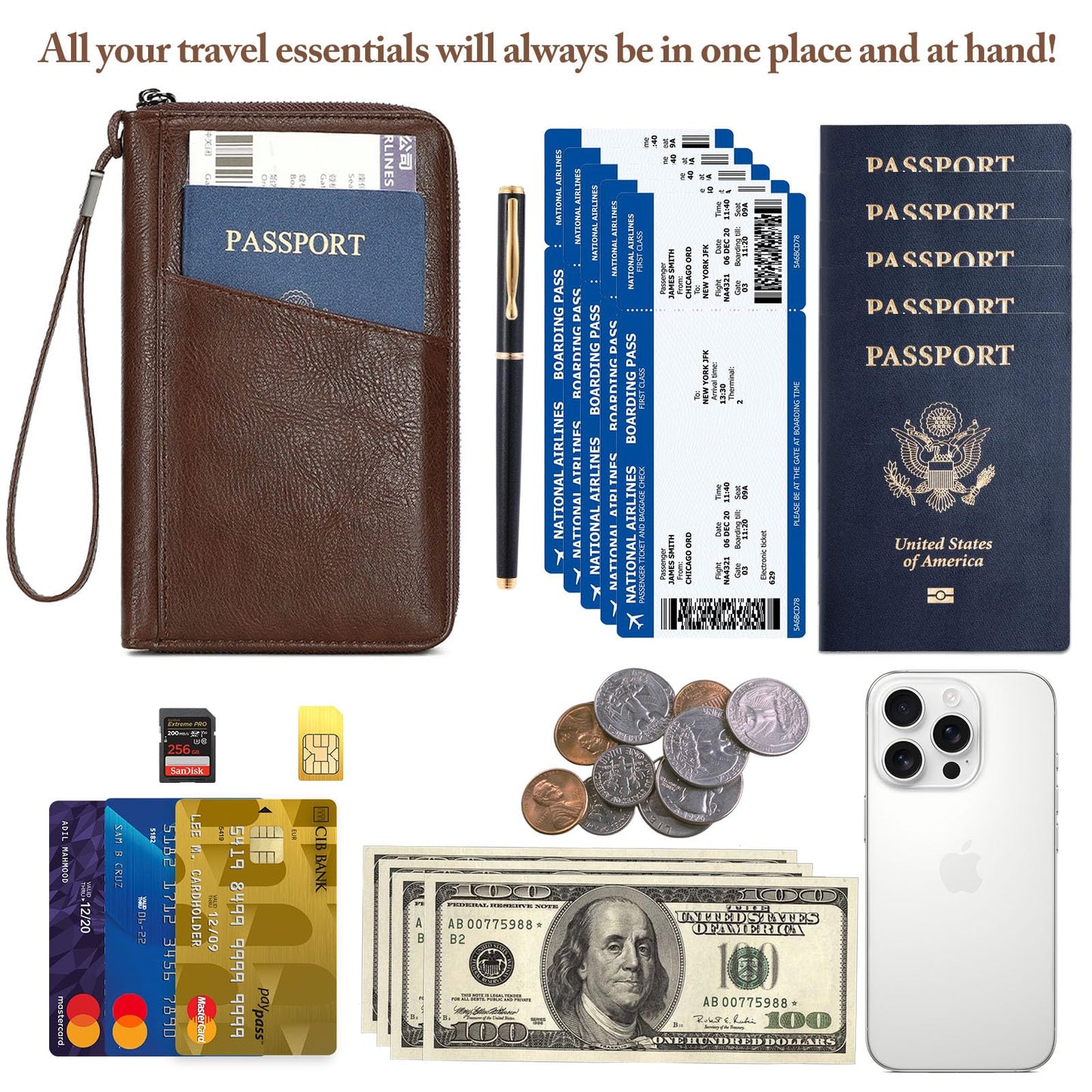 Family Passport Holder for Travel Women and Men RFID Passport Holder with Zipper Passport Case Passport cover Passport Wallet Travel Essentials and Accessories(Family,Coffee)