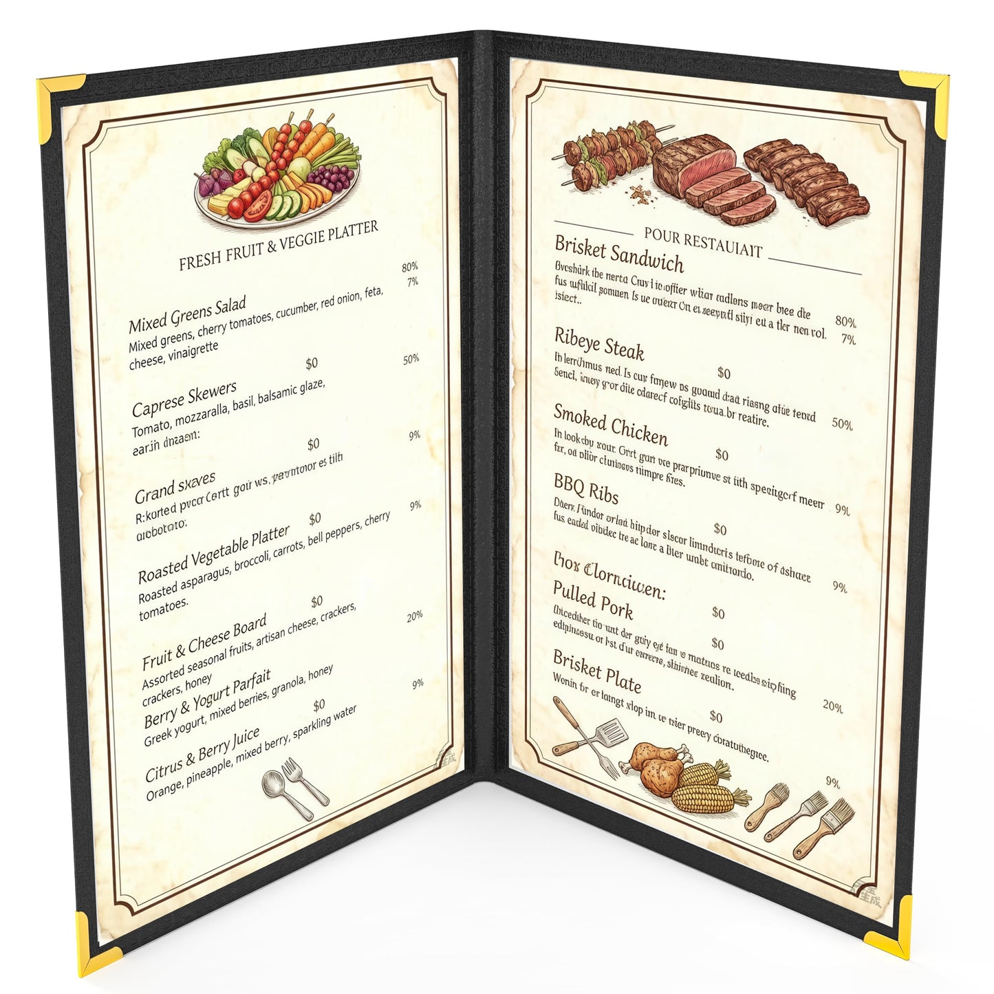 10 Pcs Menu Cover 8.5x14 Inch, Legal Size, 2 Pages / 4 Views Menu Sleeves, Clear Waterproof PVC Menu Holder (Black Edge, Gold Metal Corners)