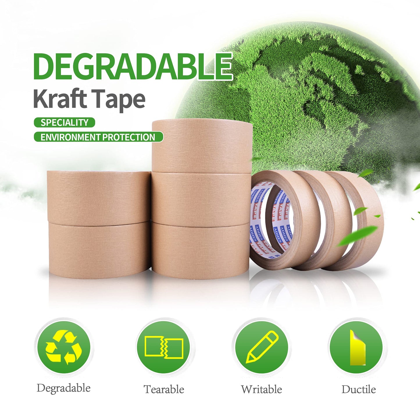 ADHES Biodegradable Kraft Paper Tape, 2 inch x 55 Yards, 6 Rolls Eco Friendly & Writable & Uncoated Paper Packing Tape Brown Packing Tape for Masking, Sealing, and Packaging Use