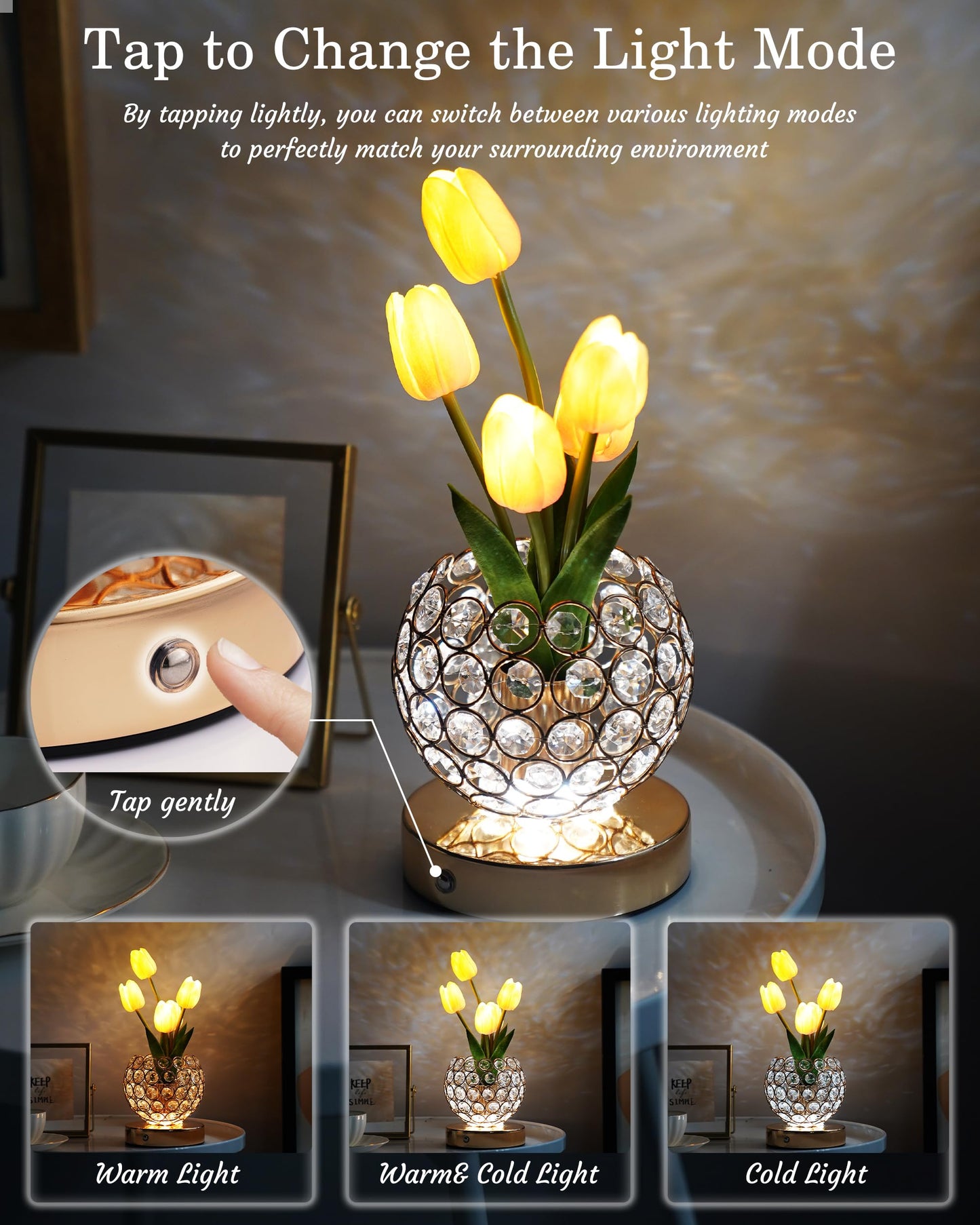 Cordless Tulip Flower Lamp, Adjutable Touch Dimming Crystal Night Light with Artificial Tulip Flower, Rechargeable LED Flower with Vase Lamp Romantic Decor for Bedside Nightstand, Gift for Mother