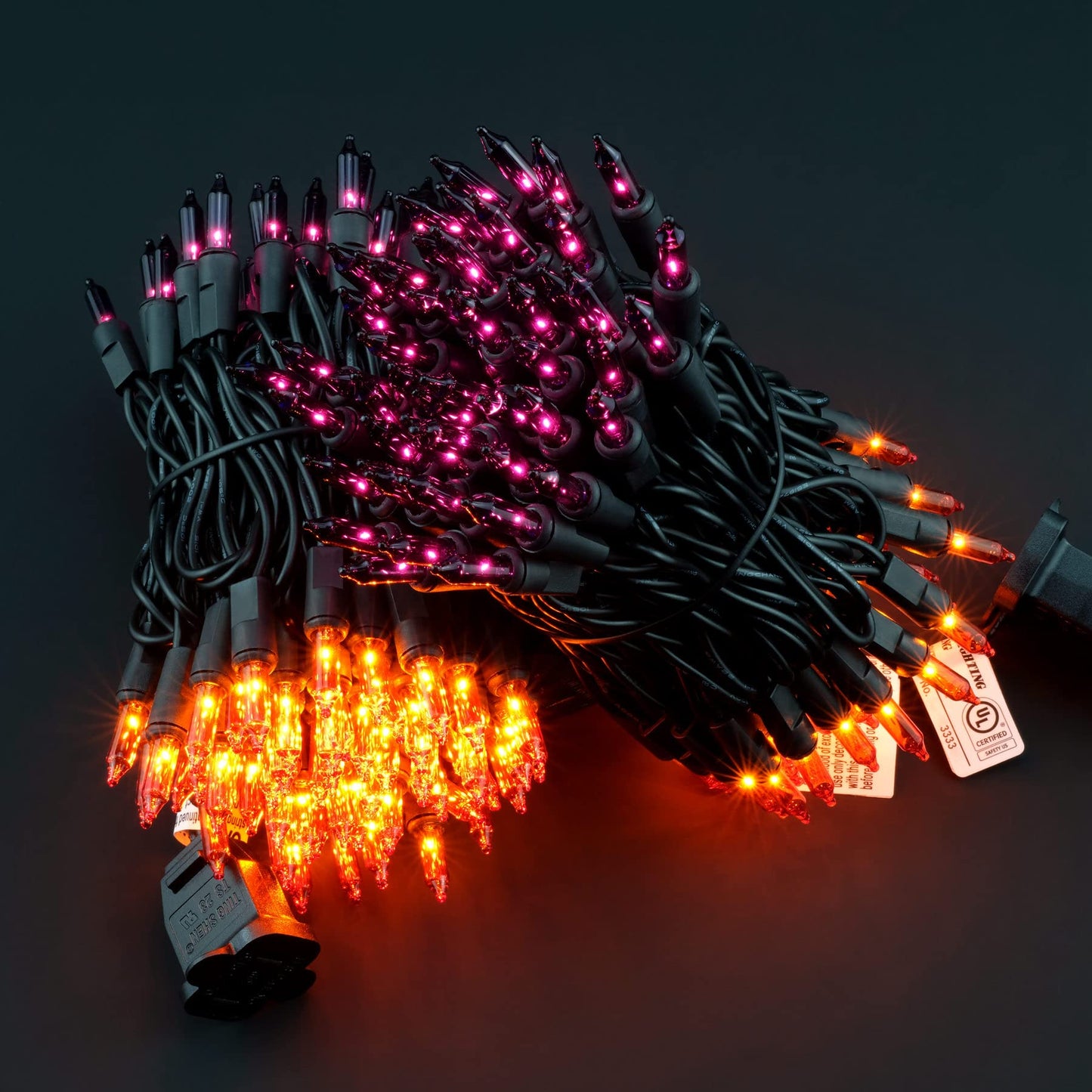 YULETIME 200 Orange Purple Halloween Lights, 2-Set 21 ft 100 ct Black Wire