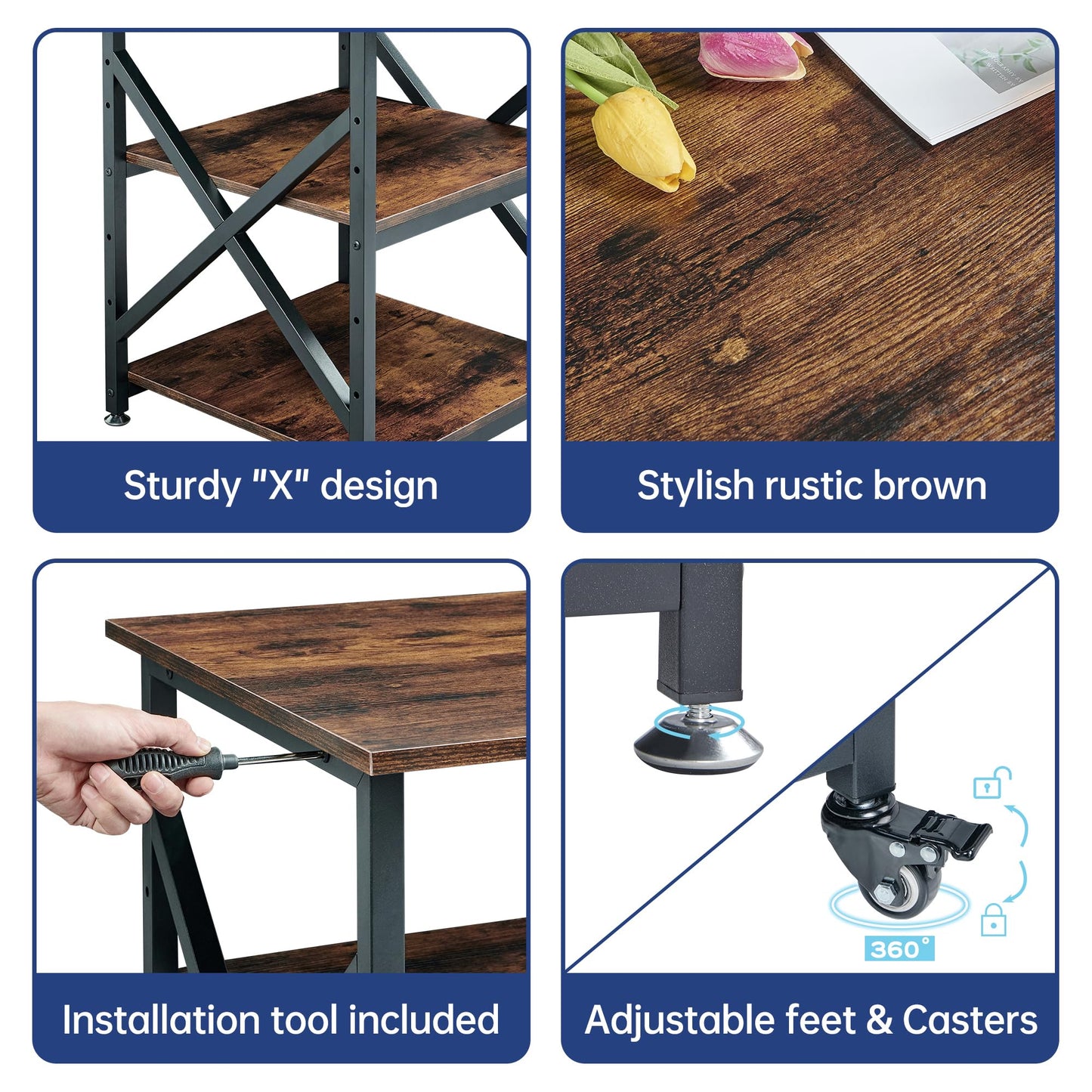 Fannova 23.6 x 23.6 Inches Large Printer Stand, 3 Tier Square Printer Table with Height Adjustable Storage Shelf, Rolling Printer Cart with Industrial Wheels for Home Office - Rustic Brown