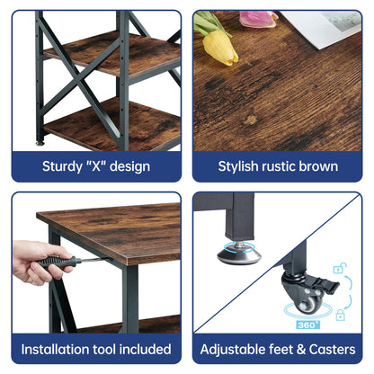 Fannova 23.6 x 23.6 Inches Large Printer Stand, 3 Tier Square Printer Table with Height Adjustable Storage Shelf, Rolling Printer Cart with Industrial Wheels for Home Office - Rustic Brown