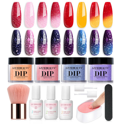 AZUREBEAUTY Dip Powder Nail Kit Starter, All Season Skin Tone Nude Brown 4 Colors Acrylic Dip Powder Liquid Set with Base/Top Coat Activator for French Nail Art Manicure DIY Salon Gifts