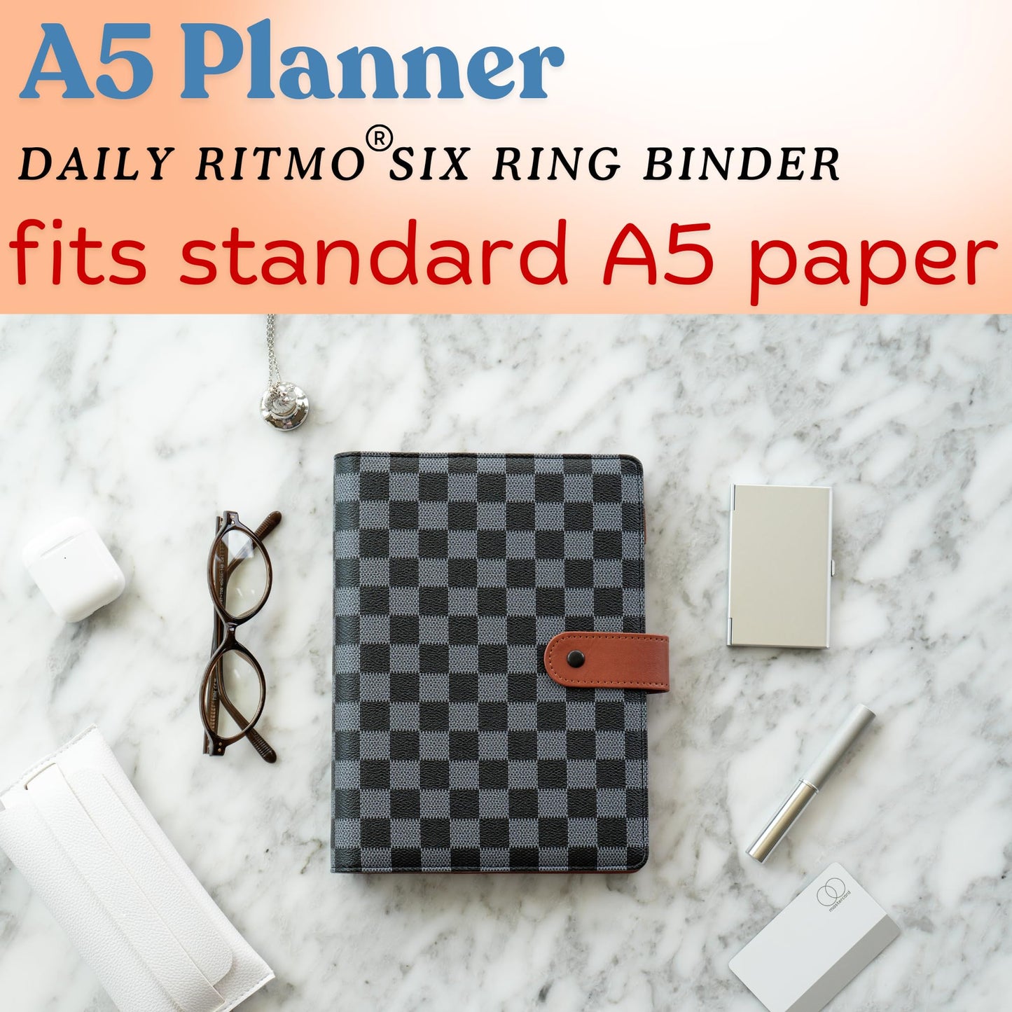 DAILY RITMO® A5 Black Checkered Planner with Brown Red | PU Leather Six Ring Cover