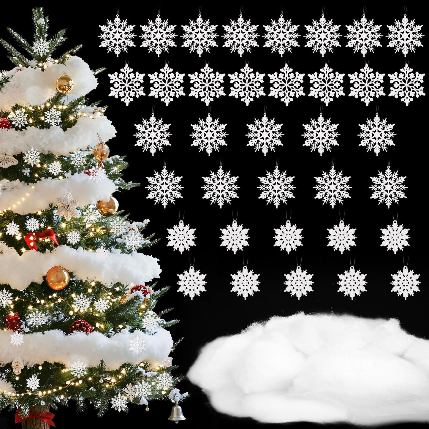 Soulchen Winter Tree Decoration Set 36 Pcs White Snowflake Ornament 11.3 oz Artificial Fluffy Snow Fake Cloud Plastic Glitter Snowflake Hanging for Wreath Garland Holiday Indoor Outdoor Wonderland