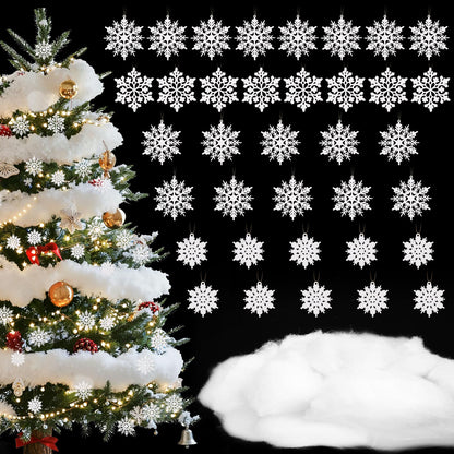 Soulchen Winter Tree Decoration Set 36 Pcs White Snowflake Ornament 11.3 oz Artificial Fluffy Snow Fake Cloud Plastic Glitter Snowflake Hanging for Wreath Garland Holiday Indoor Outdoor Wonderland
