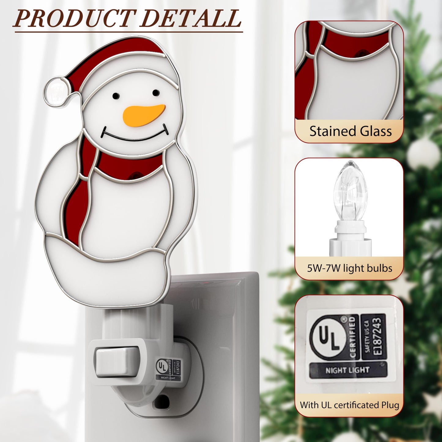 KUNDGLA Night Light Plug into Wall Stained Glass Christmas Snowmen Pretty Night Lights Plug in 7W Warm White Light Decorative Accent Nightlight Silver Chrome Nightlights Home Decor Gifts for Grandkids