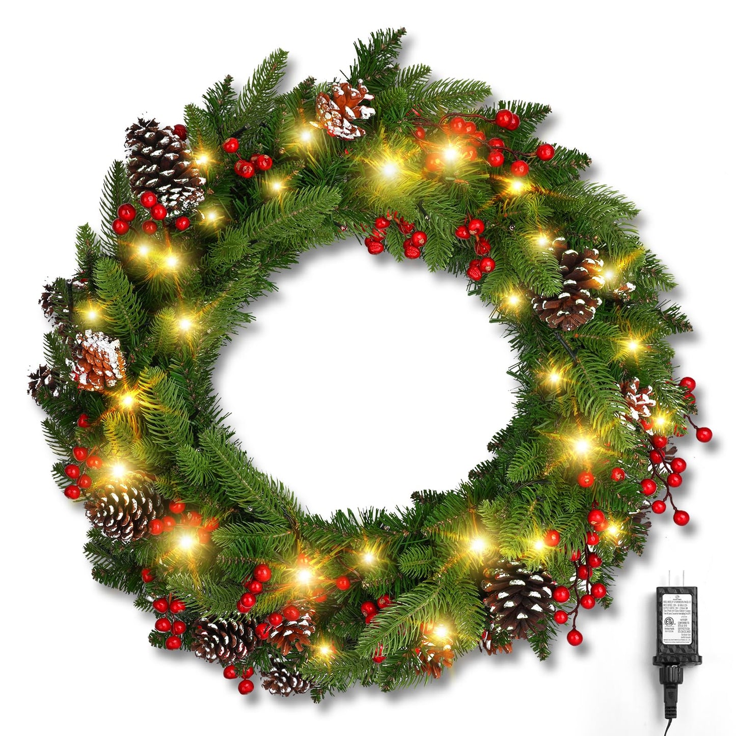 Brightown 24 Inch Pre-Lit Artificial Christmas Wreaths for Front Door,Christmas Decorations Indoor with Pine Cones & Berry Clusters, Christmas Wreath with 50 Lights for Fireplace Wall Window, Plug-in
