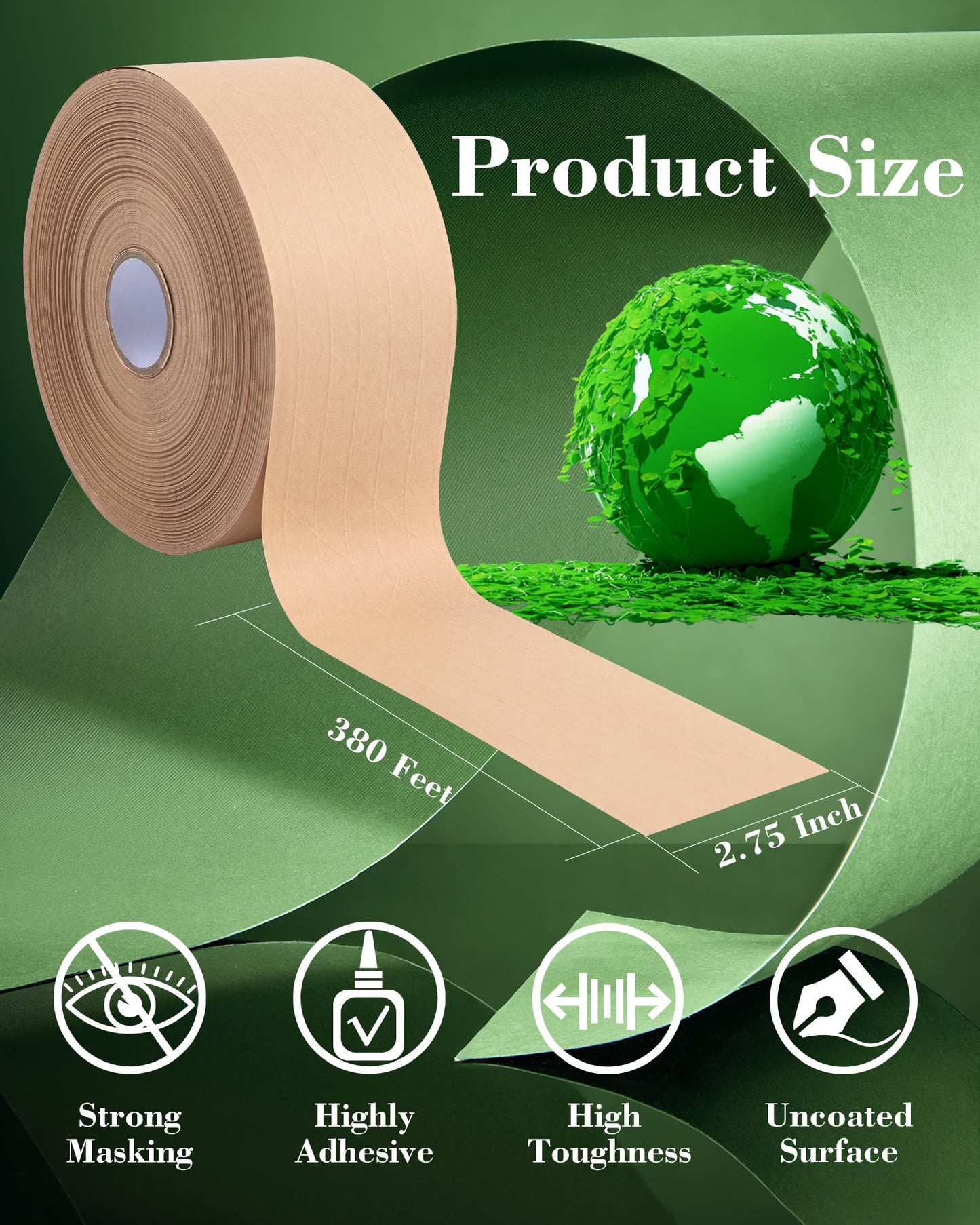 Lichamp 2-Pack Water Activated Kraft Paper Tape, 2.75" x380 ft Heavy-Duty Eco-Friendly Packaging Tape, Recyclable & Writable for Shipping, Ecommerce, Logistics Boxes