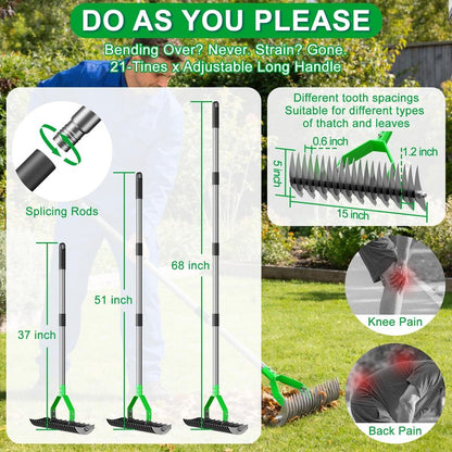 Thatch Rake for Lawn with 68" Adjustable Handle, 15" Heavy Duty Dethatcher Rake for Lawn, Thatching Rake with Dual-Action Tines, Dethatching Rake for Efficiently Removes Dead Grass, Loosens Soil