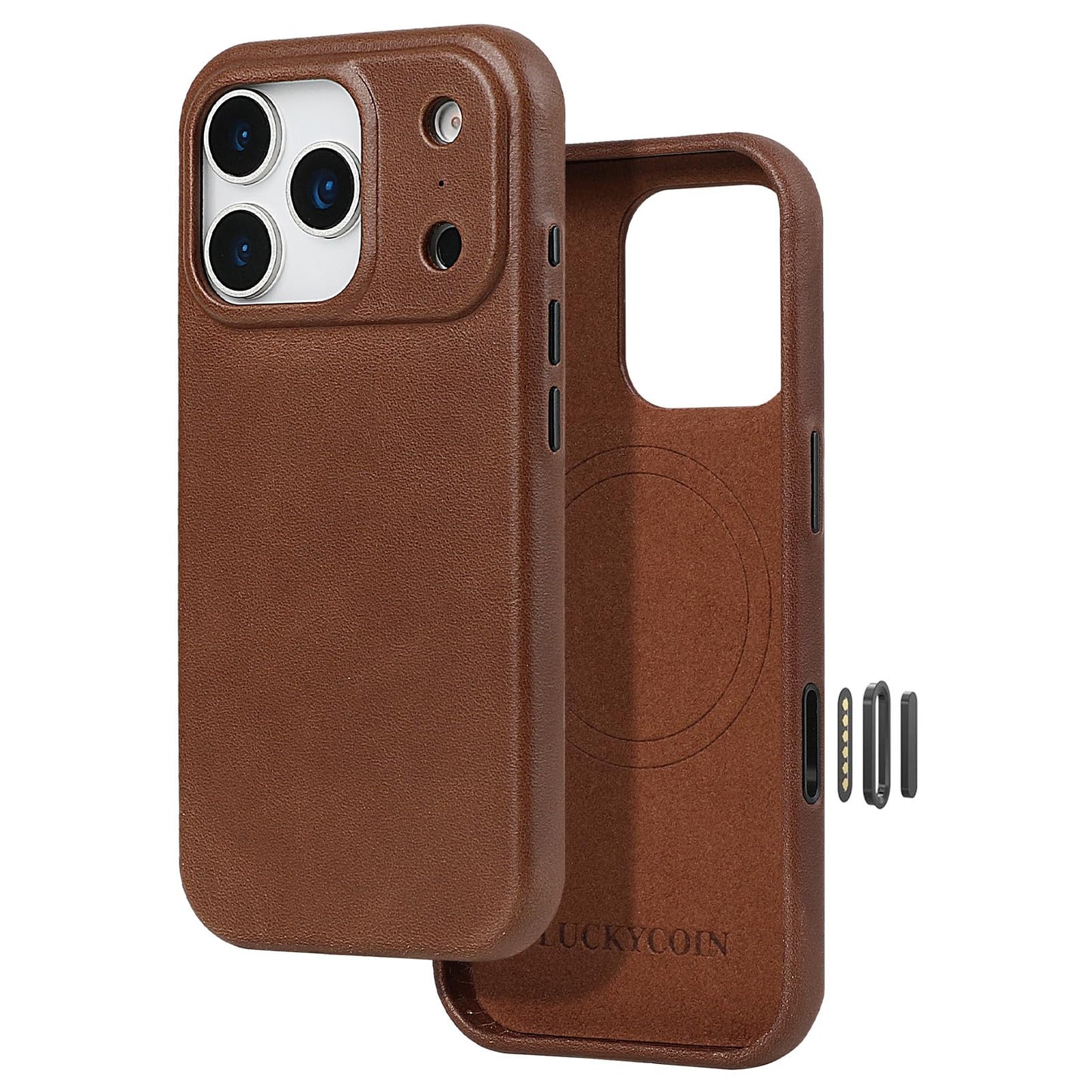 LUCKYCOIN Premium Leather Phone Case for iPhone 17 Pro 6.3in，Compatible with MagSafe & Wireless Charging，Built-in Camera Control Button，100% Full-Grain Cowhide Leather Slim Phone Case - Dark Brown