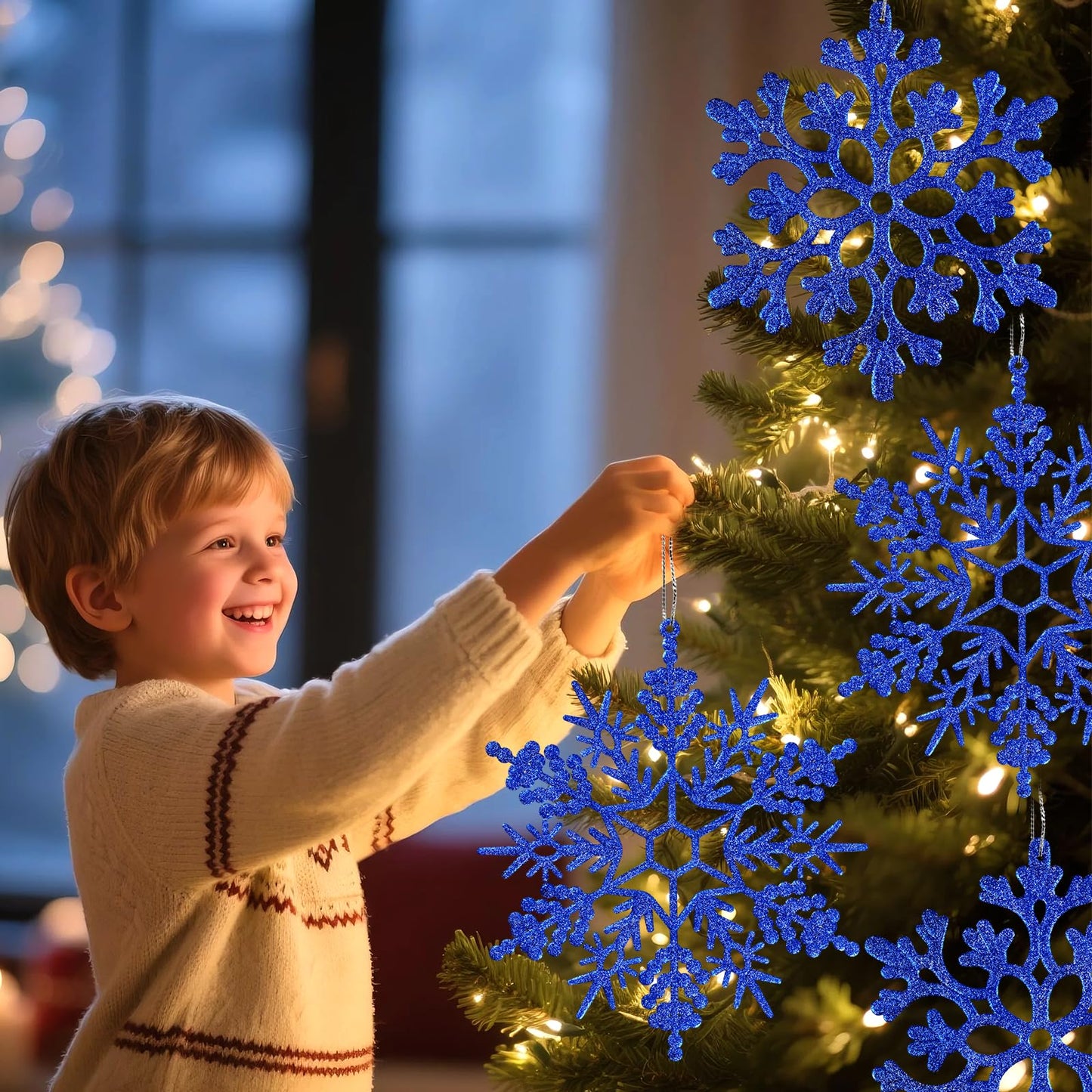 6pcs Large Navy Blue Snowflakes Ornaments 12" Big Plastic Glitter Snowflake for Winter Indoor Outdoor Christmas Tree Window Room Decorations Giant Craft Snowflakes