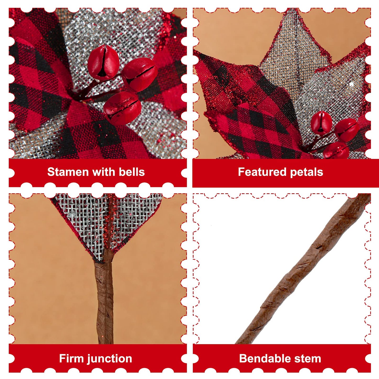 Chuangdi 12 Pcs Buffalo Plaid Poinsettias 6.7 Inches Christmas Tree Ornaments Burlap Artificial Xmas Flower Decor with Bells for Rustic Christmas Tree Wreath Garland Party(Red Black)